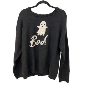 State Of Mine White Boo! Ghost Graphic Sweater Size XL Black Halloween Cozy NEW